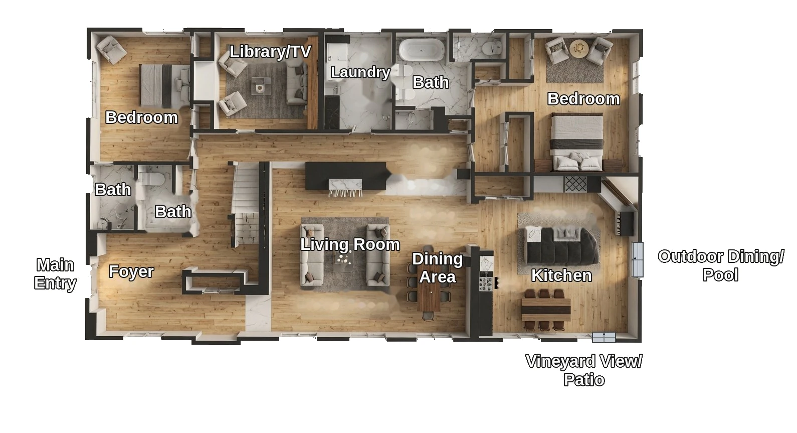 Casa de Chamizal first-floor plan — main entry, foyer, living room, dining area, kitchen, two bedrooms and baths